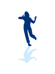 Fototapeta na wymiar Reflection shadow dancing party celebrating fun silhouette woman man blue