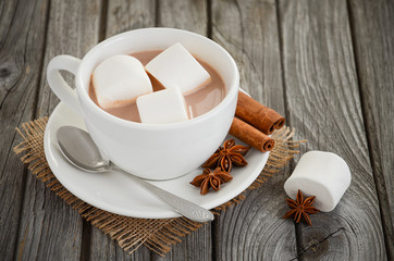 Hot chocolate with marshmallows and spices on the rustic wooden table