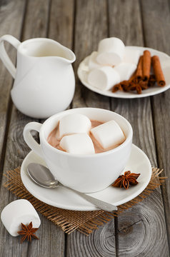 Hot chocolate with marshmallows and spices on the rustic wooden table