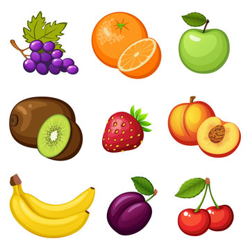 Fresh fruits. Grape, orange, apple, kiwi, strawberry, peach, banana, plum, cherry