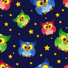 Seamless pattern with owls and stars
