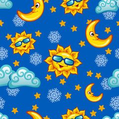 Fototapeta na wymiar Colorful seamless pattern with sun, moon and clouds for kid