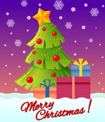 Christmas and New Year greeting card with christmas tree and gifts 