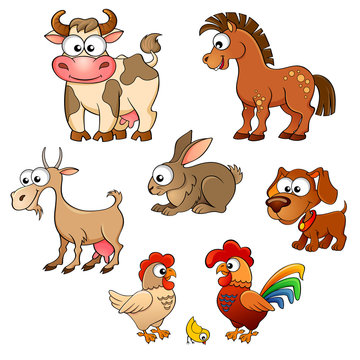 Set of cute cartoon farm animals. Horse, cow, goat, rabbit, dog, hen, cock and chick