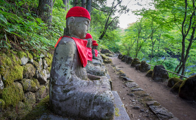 Wide angle of statues in Nikko with track
