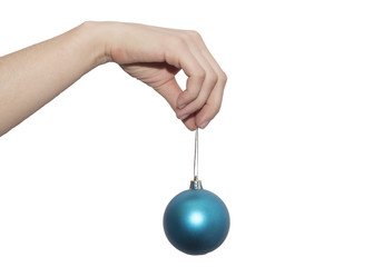 hand takes christmas blue balloon
