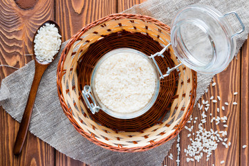 Bank with rice and wooden spoon in a basket