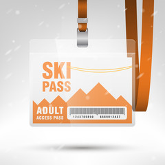 Ski pass vector illustration. Blank ski pass template with barcode in plastic holder with orange lanyard. Horizontal layout.