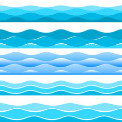 Blue silhouettes of waves. Set of different stylized silhouettes of sea blue waves. 