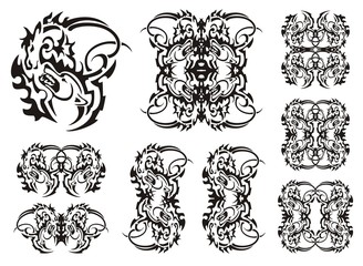 Tribal wolves symbols. Set of black and white vector wolves heads and wolves frames 