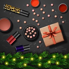 decorative cosmetics make up accessories beauty store. Merry Christmas background