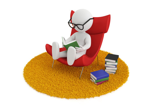 3d white people reads a book in chair, isolated white background, 3d image
