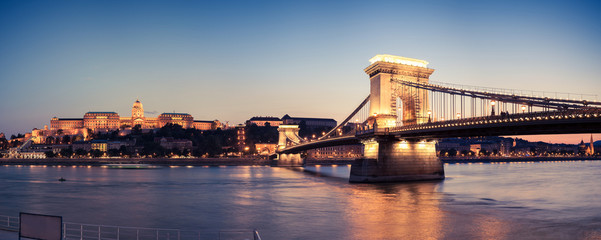 Panorama of the Chain bridge and the castle in the evening