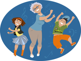 An older woman dancing with two grand-kids on a oval background with music notes, EPS 8 vector illustration