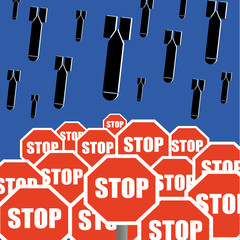 Stop The Bombing concept with bombs falling out of the sky above road traffic stop signs