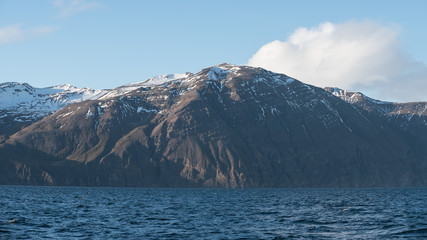 sea and covered by snow mountains in sunny day