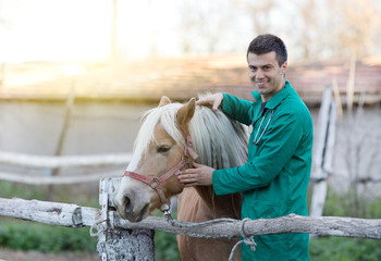 Young smiling veterinarian cuddling horse on the ranch