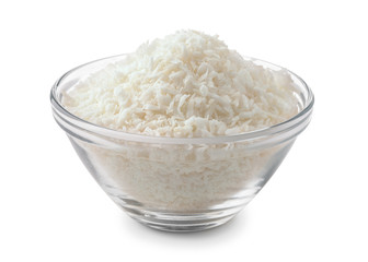Glass bowl of coconut shavings