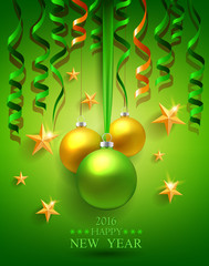Happy new year greeting card with balls, stars and serpentine.