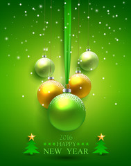 Happy new year greeting card with balls, stars and snow.