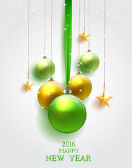 Happy new year greeting card with balls, stars and snow.