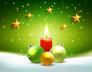 Happy new year greeting card with balls, candle and snow.