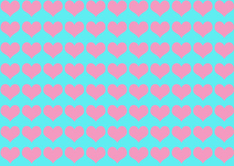 Many rows of romantic pink hearts on bright cyan background