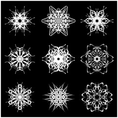 Christmas snowflake, frozen flake silhouette icon, symbol, design. Winter, crystal vector illustration isolated on the black background.