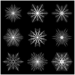 Christmas snowflake, frozen flake silhouette icon, symbol, design. Winter, crystal vector illustration isolated on the black background.