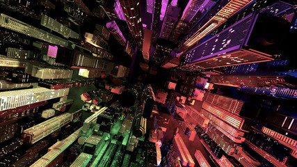 Modern City Lit by Colorful Light Effects at Night - obrazy, fototapety, plakaty