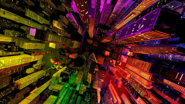 Modern City Lit by Colorful Light Effects at Night