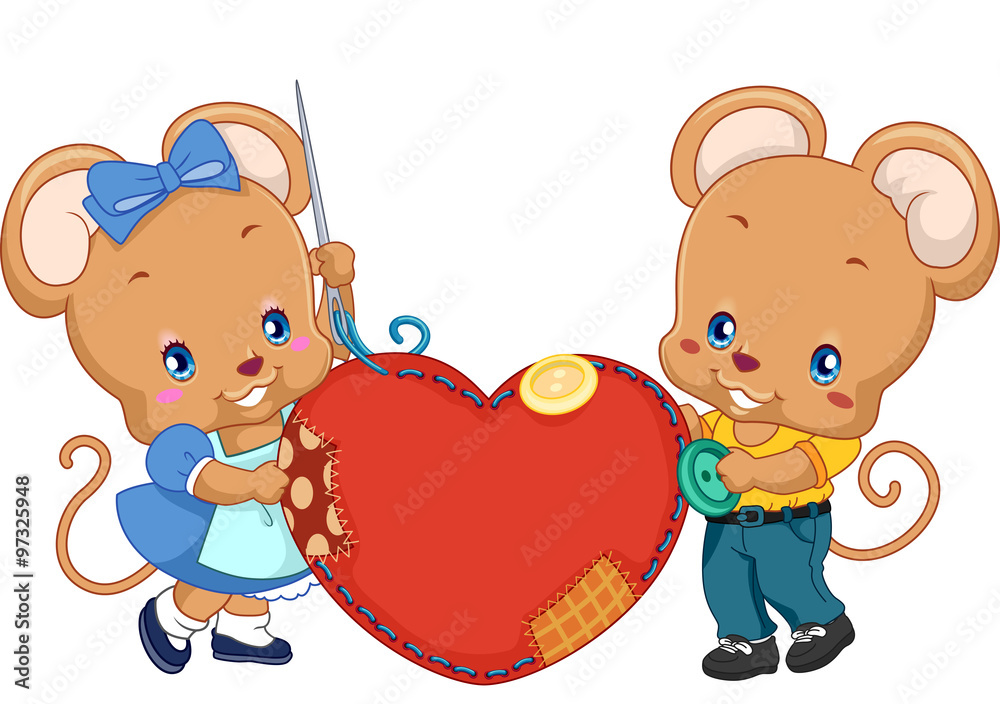 Poster cute mice couple sewing heart