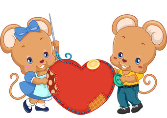 Cute Mice Couple Sewing Heart