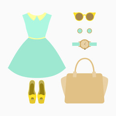 Set of trendy women's clothes. Outfit of woman dress and accessories. Women's wardrobe. Vector illustration