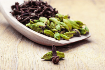 cardamom pods and cloves on wooden spoon