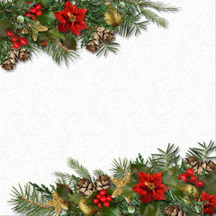Fototapeta na wymiar Christmas background with border of holly,poinsettia,fir tree, c