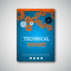 Vector abstract brochure, book, flyer design template with cogwheels in hand drawed style, on blueprint background