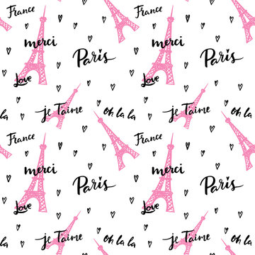 Seamless vector pattern with hand drawn Paris, France symbols