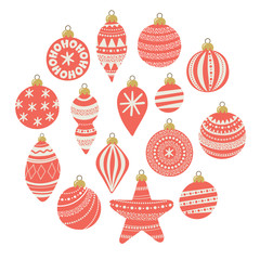Red and white pattern Christmas balls set.