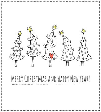 Merry Christmas and happy New Year! Greeting card with doodle trees.