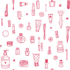 Hand drawn make up and cosmetics doodle seamless background