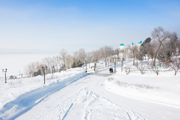 The embankment of Amur River in Khabarovsk, Russia, on a winter day