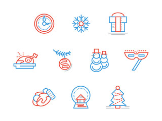 Obraz na płótnie Canvas New Year party blue and red line vector icons set