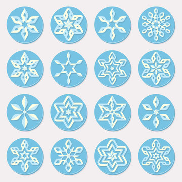Set of Sixteen Blue Shades Snowflake Ornaments Christmas Design Elements