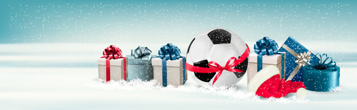 Holiday Banner with a Gift Boxes and Soccer Ball. Vector