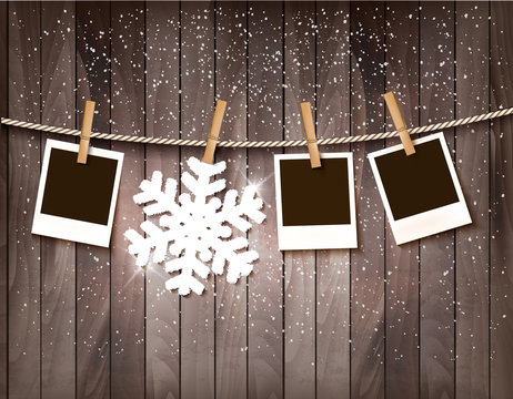 Christmas background with photos and a snowflake. Vector.