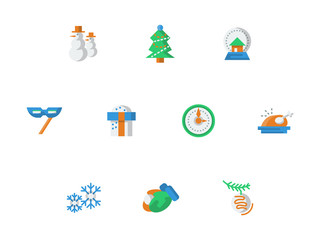Winter entertainment flat color icons set