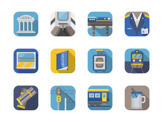 Stylish flat color railway icons collection
