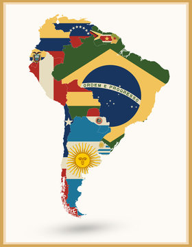South America Map With Flags And Vintage Colors