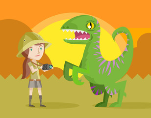 fotógrafa en safari con dinosaurio